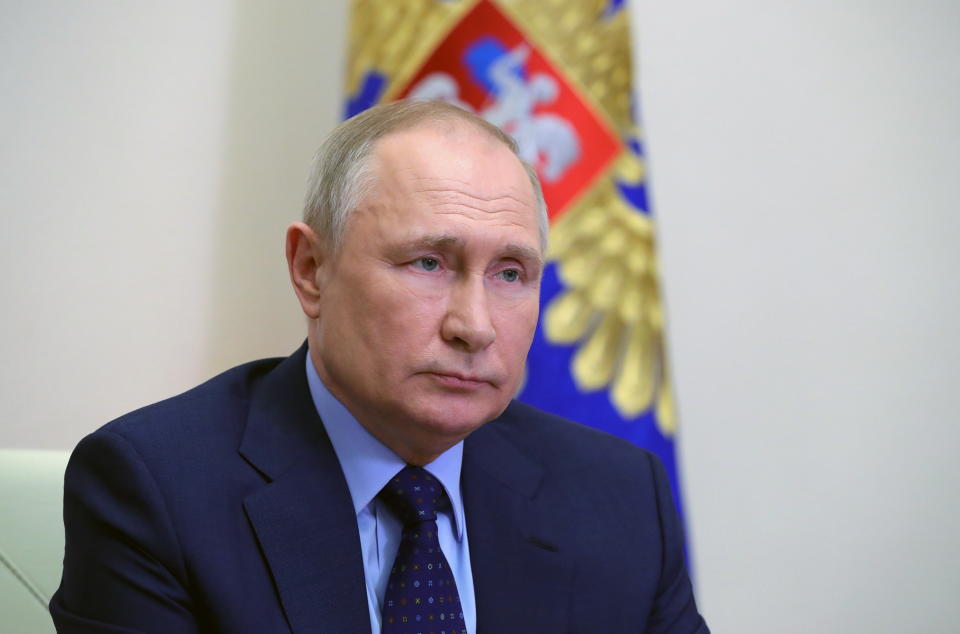 Russian President Vladimir Putin holds a meeting with Russian Security Council permanent members via a videoconference.