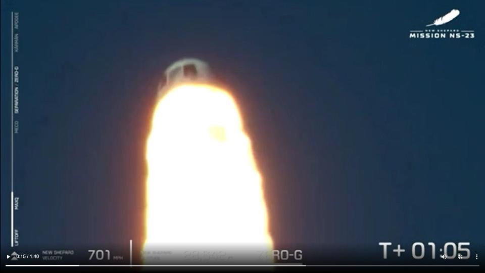 This screen capture shows Blue Origin's New Shepard capsule soaring away from its booster after an uncrewed flight from West Texas experienced an anomaly Monday.