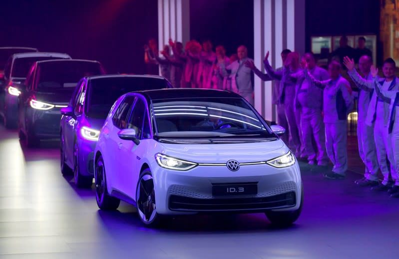 FILE PHOTO : New cars drive during a ceremony marking start of the production of a new electric Volkswagen model ID.3 in Zwickau