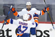 New York Islanders' Jordan Eberle (7) celebrates his goal in the third period in Game 5 of an NHL hockey Stanley Cup first-round playoff series against the Pittsburgh Penguins in Pittsburgh, Monday, May 24, 2021. (AP Photo/Gene J. Puskar)