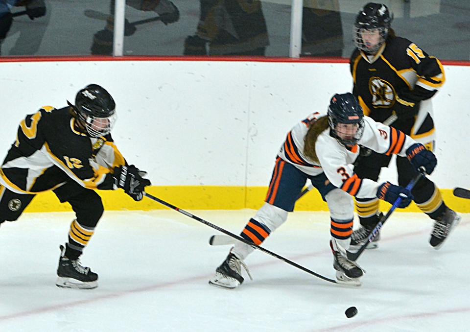 Lily Gorra of the Sioux Falls Flyers, center, attempts to gain control of the puck against Janel Lloyd (12) and Lily Murray of the Watertown Lakers during their first-round game in the South Dakota Amateur Hockey Association's varsity girls state tournament on Friday, March 1, 2024 in Watertown's Prairie Lakes Ice Arena. Sioux Falls won 6-0.