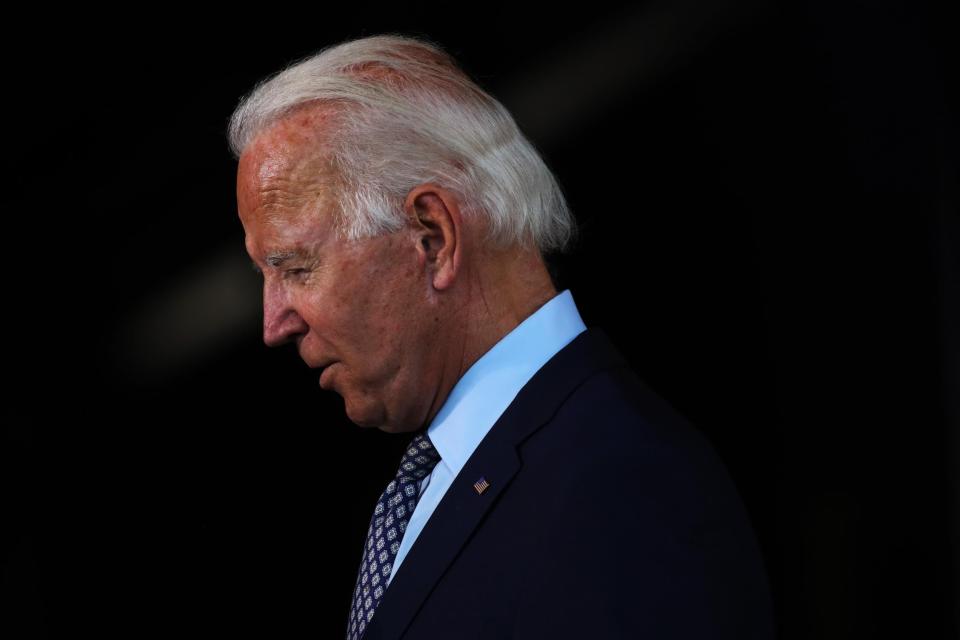 DUNMORE, PENNSYLVANIA - JULY 09: The presumptive Democratic presidential nominee Joe Biden speaks at McGregor Industries on July 09, 2020 in Dunmore, Pennsylvania. The former vice president, who grew up in nearby Scranton, toured a metal works plant in Dunmore in northeastern Pennsylvania and spoke about his economic recovery plan. With fewer than four months until the election, polls continue to show Biden leading in Pennsylvania, widely regarded as a battleground state in the race for the presidency. (Photo by Spencer Platt/Getty Images)