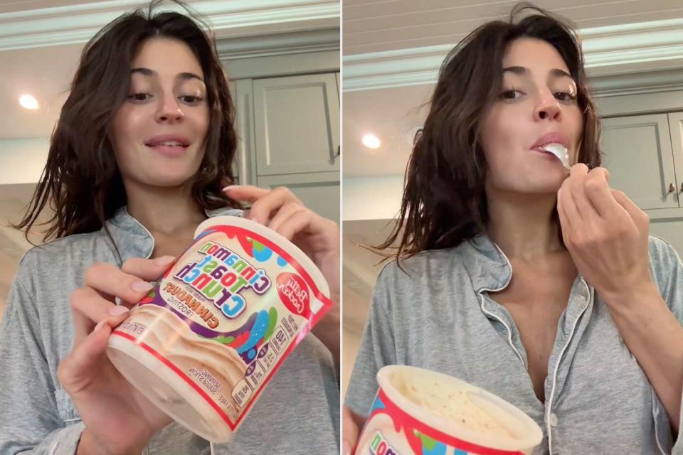 <p>Kylie Jenner/tiktok</p> Kylie Jenner tasting Cinnamon Toast Crunch frosting