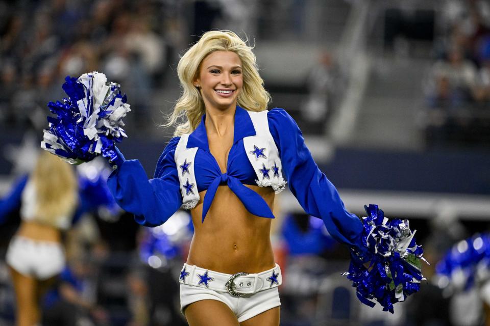 Nov 23, 2023; Arlington, Texas, USA; The Dallas Cowboys cheerleaders perform during the game between the <a class="link " href="https://sports.yahoo.com/nfl/teams/dallas/" data-i13n="sec:content-canvas;subsec:anchor_text;elm:context_link" data-ylk="slk:Dallas Cowboys;sec:content-canvas;subsec:anchor_text;elm:context_link;itc:0">Dallas Cowboys</a> and the <a class="link " href="https://sports.yahoo.com/nfl/teams/washington/" data-i13n="sec:content-canvas;subsec:anchor_text;elm:context_link" data-ylk="slk:Washington Commanders;sec:content-canvas;subsec:anchor_text;elm:context_link;itc:0">Washington Commanders</a> at AT&T Stadium. Mandatory Credit: Jerome Miron-USA TODAY Sports