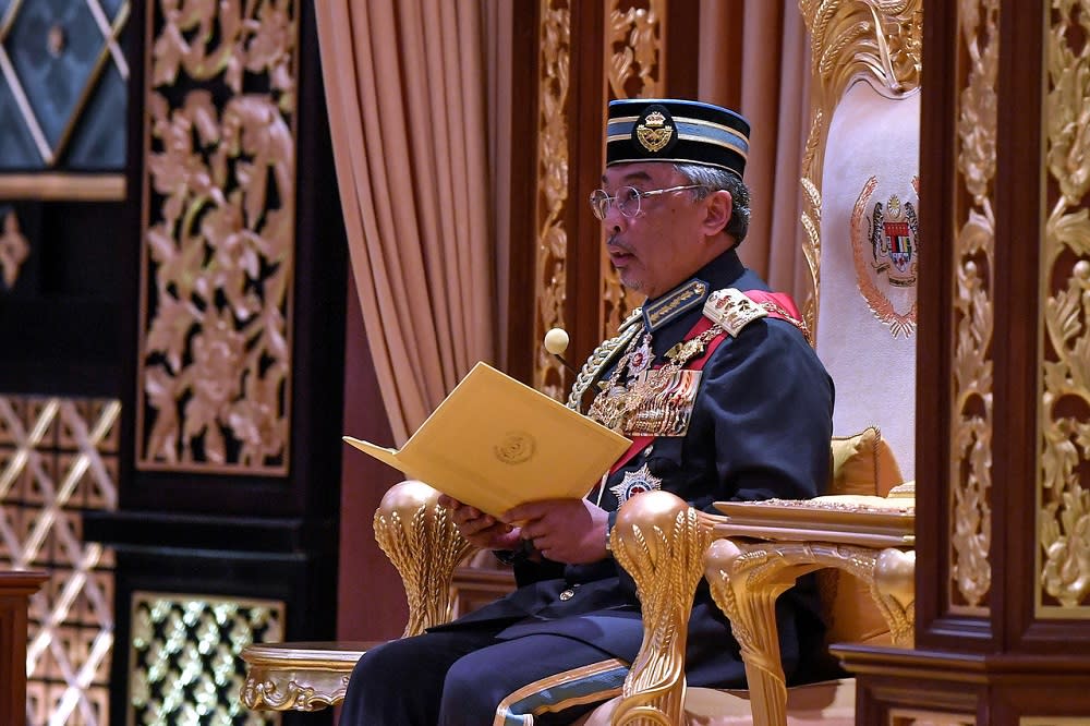 Yang di-Pertuan Agong Al-Sultan Abdullah Ri’ayatuddin Al-Mustafa Billah Shah attends the investiture ceremony held in conjunction with the Federal Territory Day celebration at Istana Melawati, Putrajaya February 1, 2020. — Bernama pic