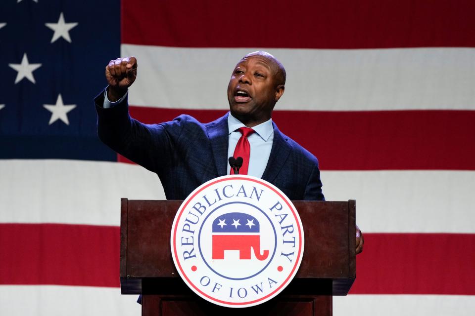 Republican presidential candidate Sen. Tim Scott, R-S.C., speaks at the Republican Party of Iowa's 2023 Lincoln Dinner in Des Moines, Iowa, Friday, July 28, 2023.