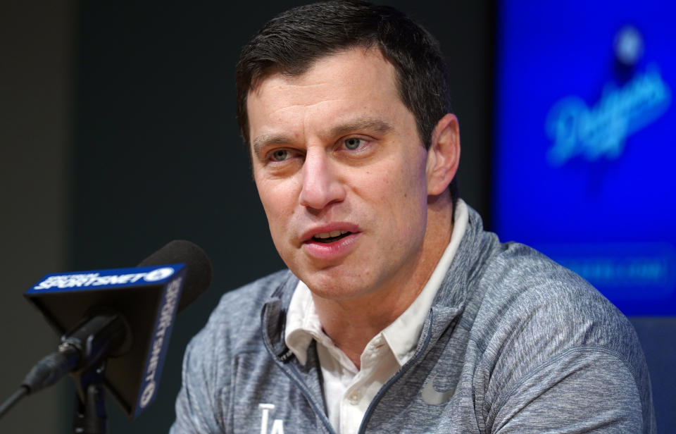 LOS ANGELES, CA - NOVEMBER 01: Dodger President of Baseball Operations Andrew Friedman talks about the baseball season and the future of the team and players during a press conference at Dodger Stadium in Los Angeles on Thursday, Nov. 1, 2018. (Photo by Scott Varley/Digital First Media/Torrance Daily Breeze via Getty Images)