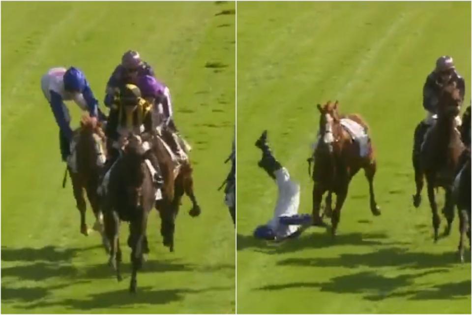 Nasty: Ryan Rossa was elbowed off his horse  (Sky Sports Racing)