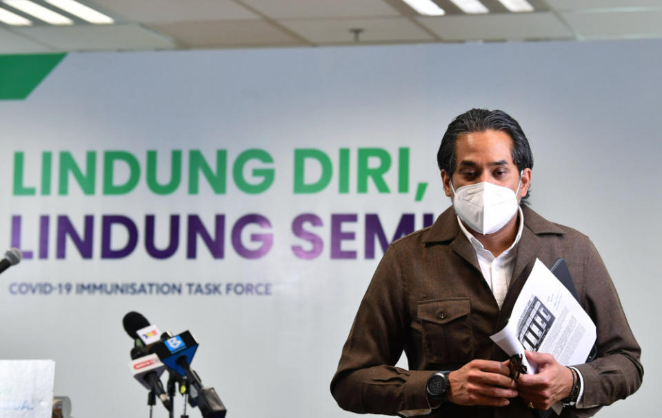Khairy Jamaluddin at the weekly Covid-19 Immunisation Task Force (CITF) press conference in Putrajaya, August 2, 2021. ― Bernama pic