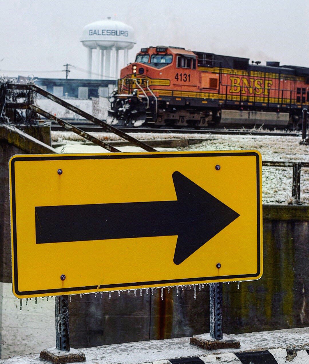 A BNSF train prepares to cross the South Street underpass in Galesburg.