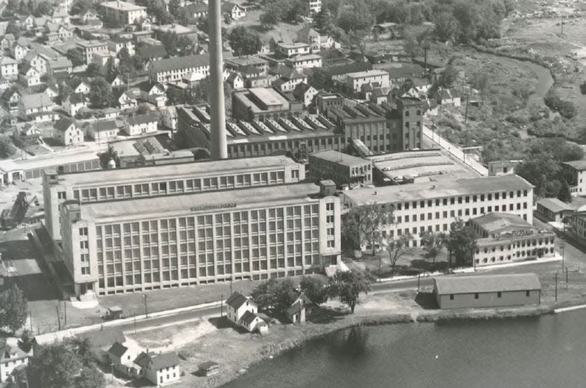 Here are the twin mills of the Goodall Worsted manufacturing complex during its first years after they opened in Sanford, Maine, in the early 1920s. The rear mill was destroyed by a fire in the summer of 2017 and eventually torn down.