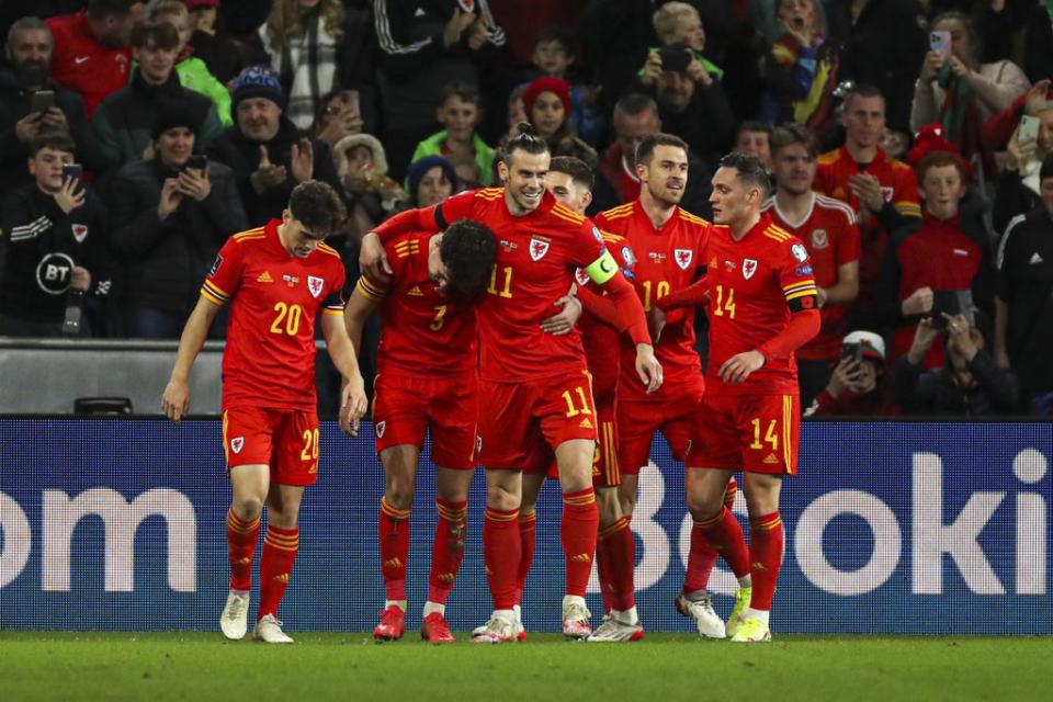 Gareth Bale (centre), winning his 100th cap, celebrates Neco Williams’ (second right) goal in Wales’ 5-1 World Cup qualifying victory over Belarus in Cardiff (Bradley Collyer/PA) (PA Wire)