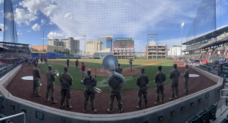 Members of the 1st Armored Division Sun City Brass Band performed in spring 2023 before an El Paso Chihuahuas game at Southwest University Park. The band or elements of it logged about 450 performances, or “missions,” in 2023.