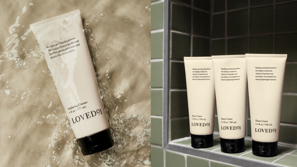 Slough away dead skin cells with the Loved01 Exfoliating Cleanser (left) and set skin up for a comfortable shave with the Loved01 Shave Cream (right).