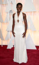 <p>Lupita’s pearly Prada gown deserved an awards of its own at the 2015 Oscars. A light-blue, plunge neck affair, it featured a halter neck and a dramatic back – along with 6,000 pearls. Wow. </p>