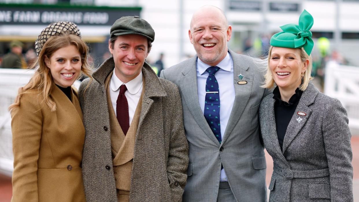  Princess Beatrice, Edoardo Mapelli Mozzi, Mike Tindall and Zara Tindall attend day 3 'St Patrick's Thursday' of the Cheltenham Festival at Cheltenham Racecourse on March 14, 2024 in Cheltenham, England. 