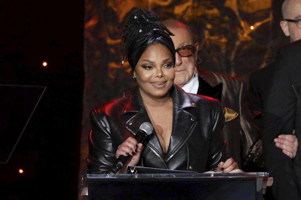 Janet Jackson speaks on stage at the Pre-Grammy Gala And Salute To Industry Icons at the Beverly Hilton Hotel on Saturday, Jan. 25, 2020, in Beverly Hills, Calif. (Photo by Willy Sanjuan/Invision/AP)