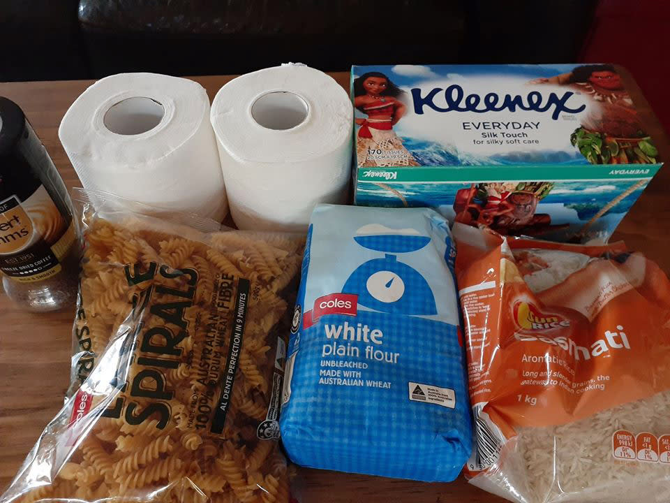 aussie nurse receives toilet paper, tissues, pasta, rice, and flour