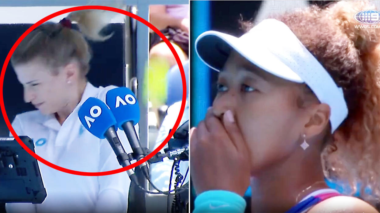 Pictured right, Naomi Osaka reacts after hitting a forehand straight at the chair umpire at the Australian Open.