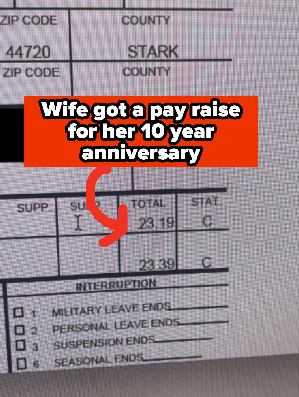 A close-up image of a document with subtotal and total values. Military, personal, suspension, and cease end dates checkboxes are partially visible