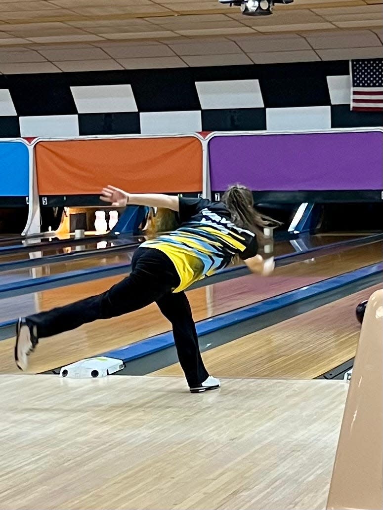 River valley's Alexis Manning delivers a shot during the Mid Ohio Athletic Conference Girls Bowling Tournament at Victory Lanes in Galion this season.