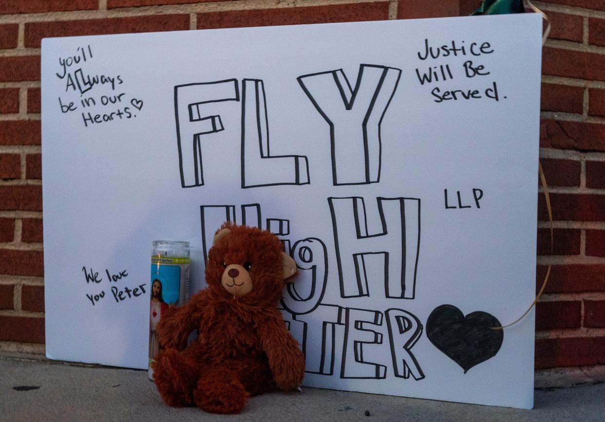 Family and friends of Peter Romano, the 14 year-old who was fatally shot on Halloween, hold a vigil for him at 2636 Bristol Pike in Bensalem on Thursday, Nov. 2, 2023.

[Daniella Heminghaus | Bucks County Courier Times]