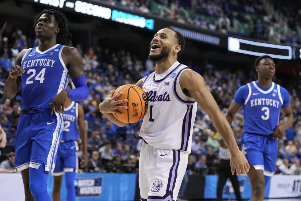 Kansas State guard Markquis Nowell celebrates after their win over Kentucky in a second-round college basketball game in the NCAA Tournament on Sunday, March 19, 2023, in Greensboro, N.C. (AP Photo/Chris Carlson)