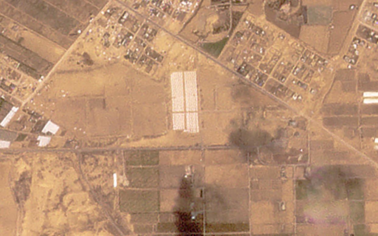 The images appear to show a new compound of tents being built near Khan Younis in the Gaza Strip on Sunday