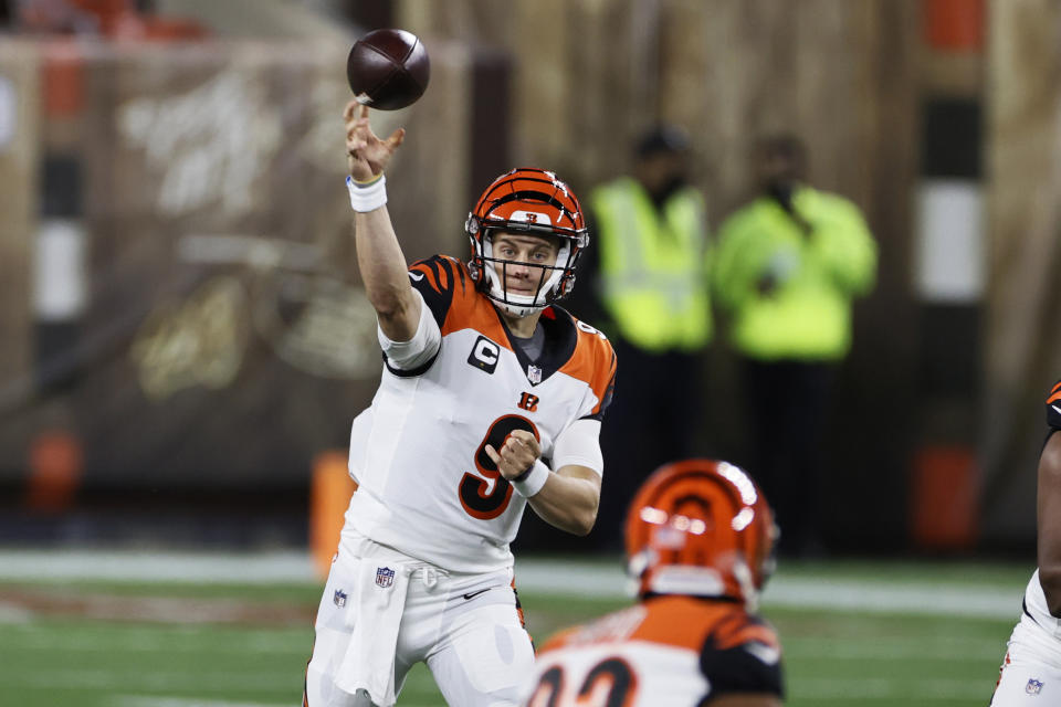 Cincinnati Bengals quarterback Joe Burrow throws a pass during the first half of the team's NFL football game against the Cleveland Browns, Thursday, Sept. 17, 2020, in Cleveland. (AP Photo/Ron Schwane)