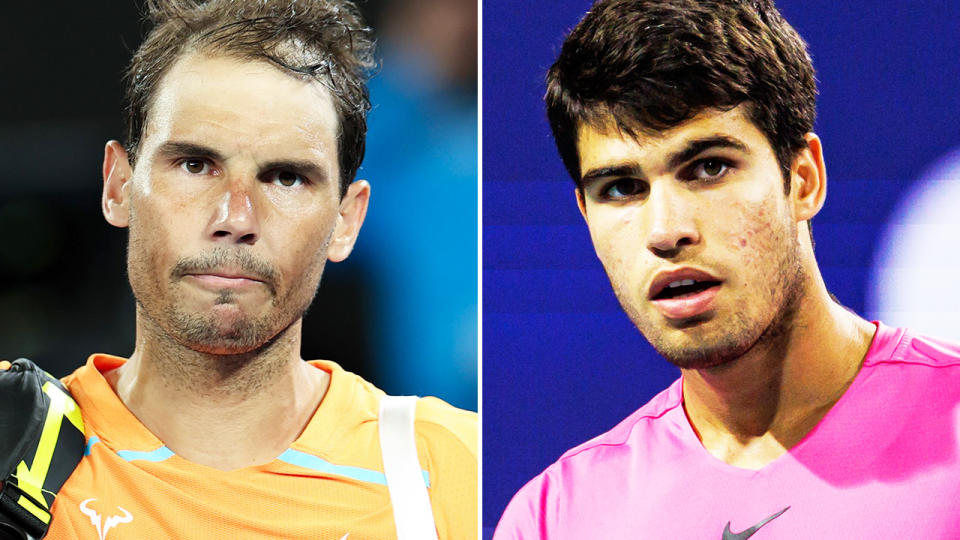 Rafa Nadal and Carlos Alcaraz, pictured here on the tennis court.