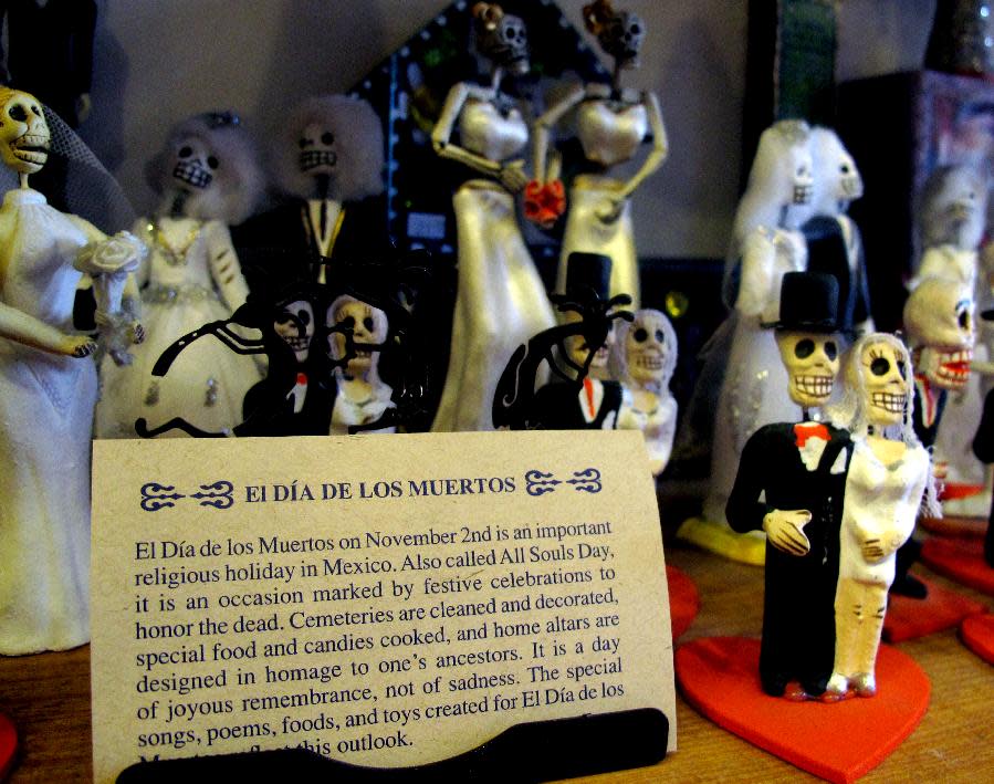 In this May 8, 2013 photo, artwork is shown at Masks y Mas, an Albuquerque shop that sells 'Day of the Dead' art year round. Disney announced Tuesday that it was a withdrawing a "Dia de los Muertos" trademark request it made to the U.S. Patent and Trademark Office amid uproar on social media from Latino activists, writer and artists. Disney had sought to secure naming right for an upcoming animated movie inspired by the holiday. Critics said the move to trademark a cultural holiday was insensitive. (AP Photo/Russell Contreras)