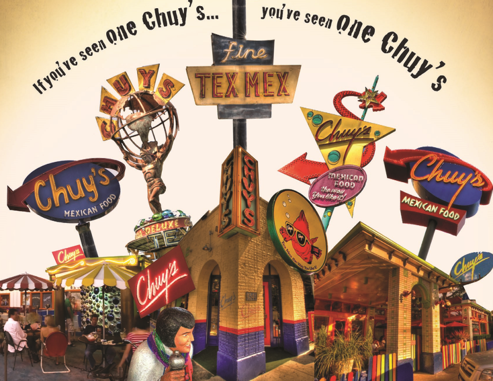 Various Chuy's signs over the course of its history.