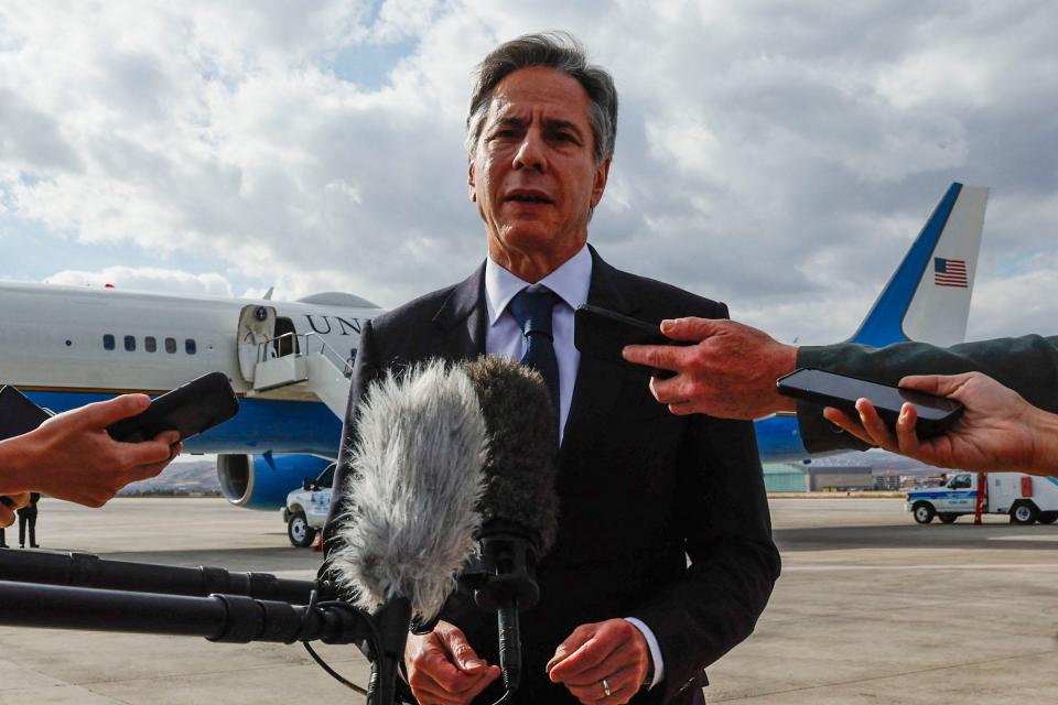 Secretary of State Antony Blinken talks to reporters after meetings with his Turkish counterparts as he departed from Ankara Esenboga Airport on Nov. 6, 2023.