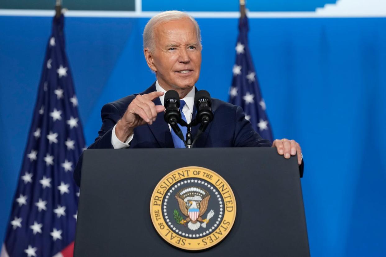 U.S. President Joe Biden speaks at a news conference on Thursday following the NATO Summit in Washington. (Susan Walsh/The Associated Press - image credit)
