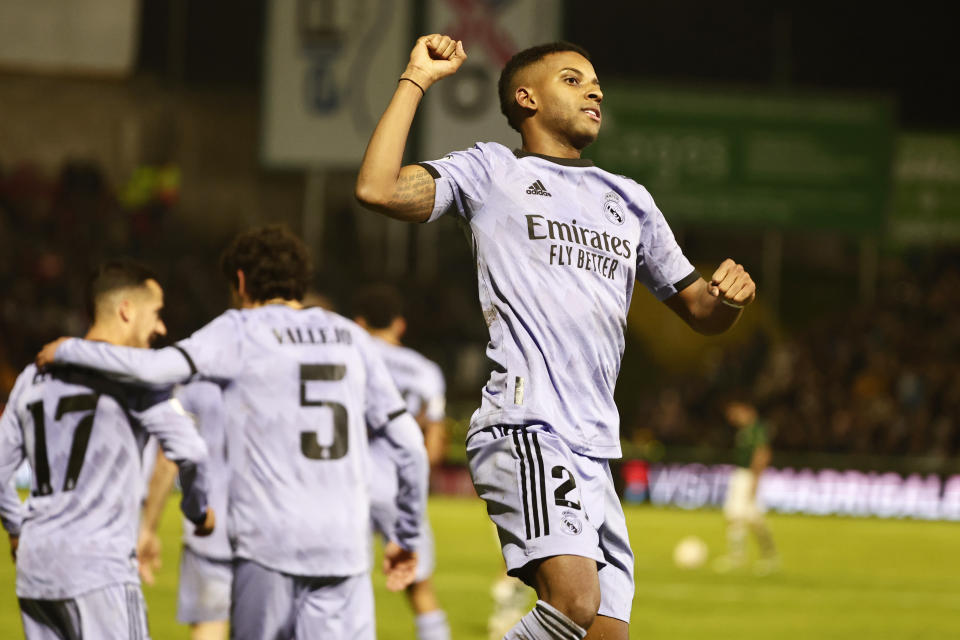 Real Madrid's Rodrygo celebrates after scoring the opening goal during a Spanish Copa del Rey round of 32 soccer match between Cacereno and Real Madrid at the Principe Felipe stadium in Caceres, Spain, Tuesday Jan. 3, 2023. (AP Photo/Pablo Garcia)