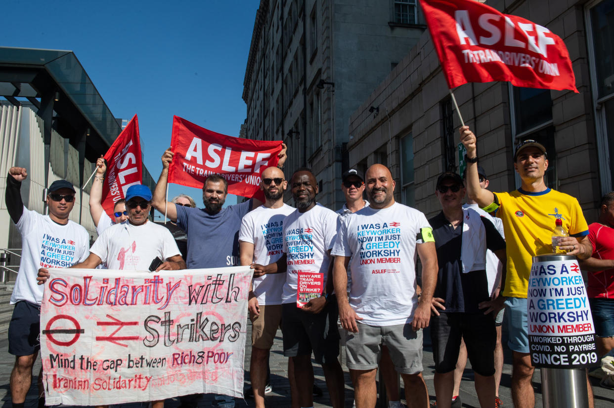 LONDON, ENGLAND - AUGUST 11: Striking train drivers picket Paddington station on August 13, 2022 in London, England. The daylong strike by train drivers represented by the Associated Society of Locomotive Engineers and Firemen (ASLEF) was one of three such actions scheduled for August in the UK. (Photo by Guy Smallman/Getty Images)