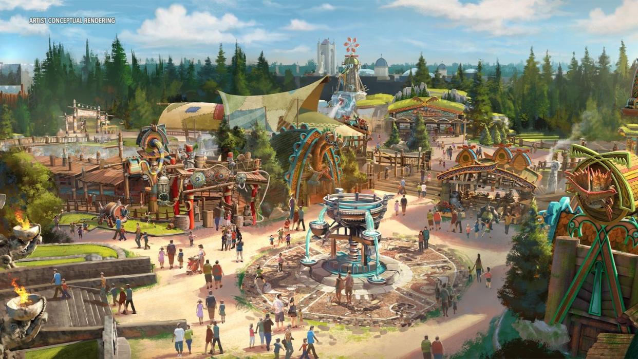 artists rendering of the plaza of how to train your dragon isle of berk at epic universe