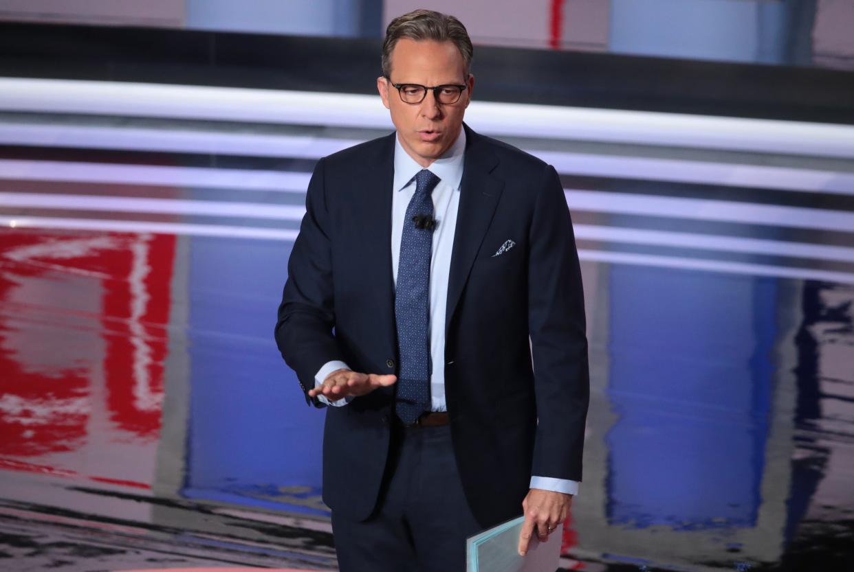 CNN moderator Jake Tapper speaks to the crowd attending the Democratic Presidential Debate at the Fox Theatre July 31, 2019 in Detroit, Michigan.