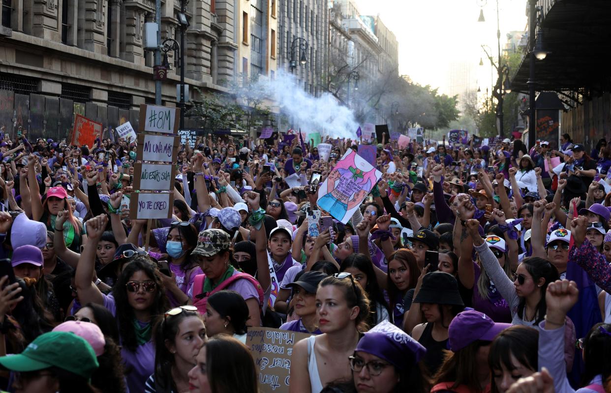Demonstrators take part in a march to mark the International Women's Day in Mexico City, on March 8, 2024. (Photo by SILVANA FLORES / AFP) (Photo by SILVANA FLORES/AFP via Getty Images)