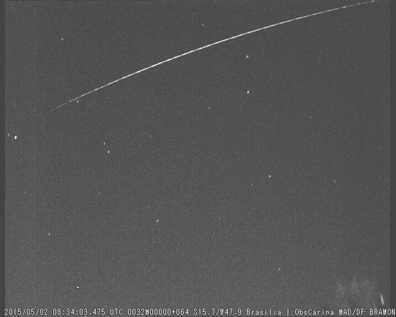 The falling Russian spacecraft Progress 59 is seen streaking overhead in this view from the Brazilian Meteor Observers Network (BRAMON) on May 2, 2015. The spacecraft is expected to fall to Earth overnight on May 7/8.