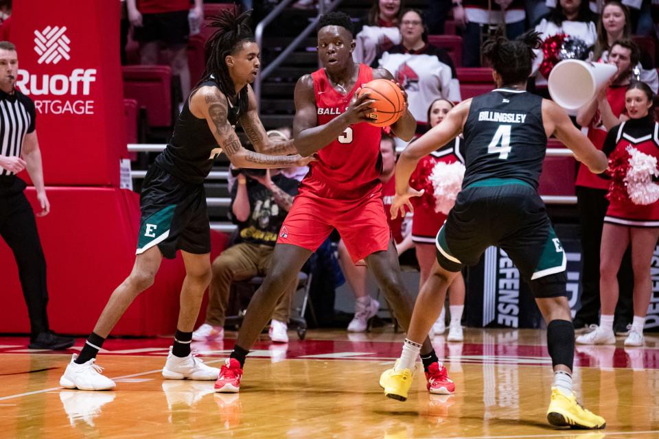 Ball State men's basketball's Payton Sparks posts up in the team's 91-90 win over Eastern Michigan at Worthen Arena on Friday, Feb. 3, 2023.