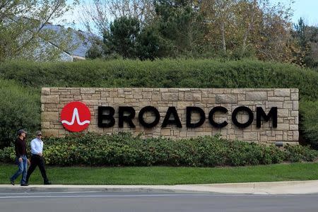 A sign to the campus offices of chip maker Broadcom Ltd, who announced on Monday an unsolicited bid to buy peer Qualcomm Inc for $103 billion, is shown in Irvine, California, U.S., November 6, 2017. REUTERS/Mike Blake/Files