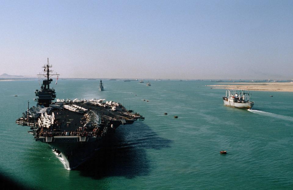 Aerial view of the bow of the aircraft carrier USS America