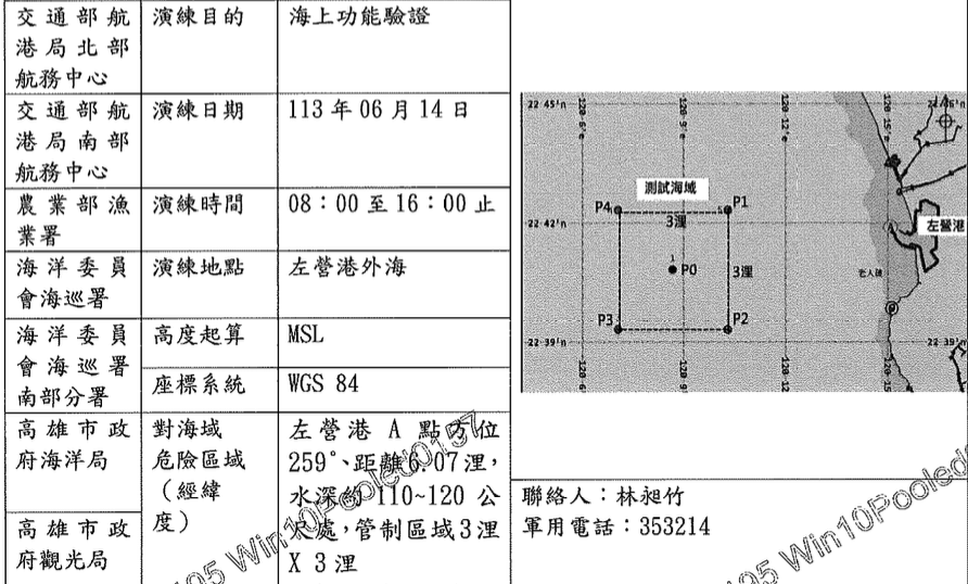 中科院 14 日（本週五）上午 8 時至 16 時於高雄左營港外海，繼續進行「海上功能驗證」，但管制區範圍擴大至 3 浬乘以 3 浬，水深更增加至 110 公尺至 120 公尺。   圖：翻攝自 漁業署射擊通報網站