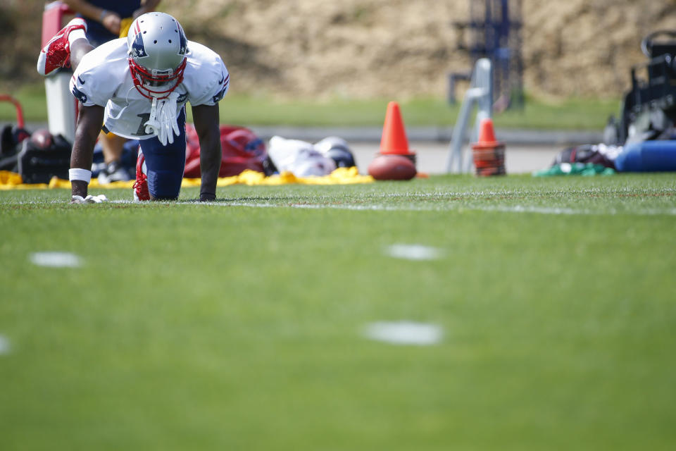 Sep 11, 2019; Foxborough, MA, USA; New England Patriots wide receiver Antonio Brown warms up during practice at Gillette Stadium. Mandatory Credit: Greg M. Cooper-USA TODAY Sports