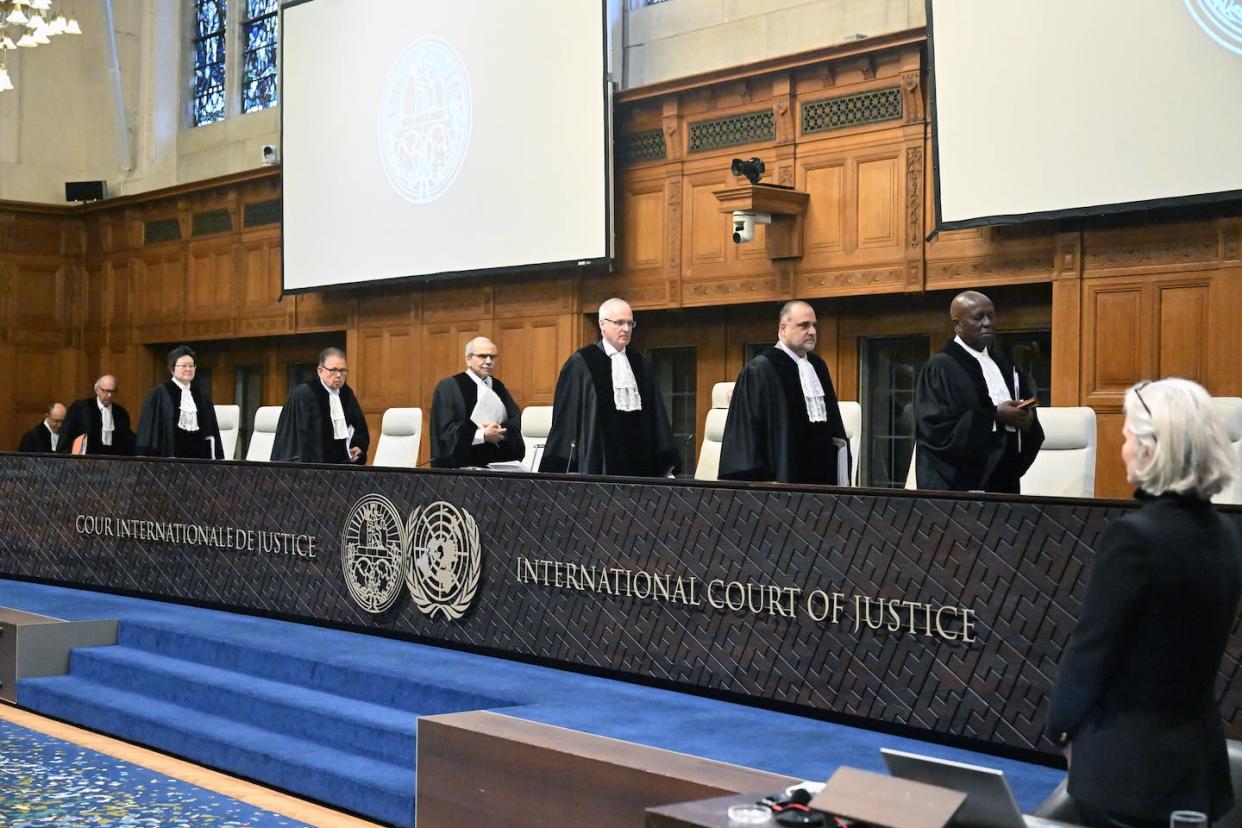 Judges take their seats prior to the hearing of Israel's defense at the International Court of Justice on Jan. 12, 2024. <a href="https://www.gettyimages.com/detail/news-photo/judges-take-their-seats-prior-to-the-hearing-of-israels-news-photo/1919200308?adppopup=true" rel="nofollow noopener" target="_blank" data-ylk="slk:Dursun Aydemir/Anadolu via Getty Images;elm:context_link;itc:0;sec:content-canvas" class="link ">Dursun Aydemir/Anadolu via Getty Images</a>