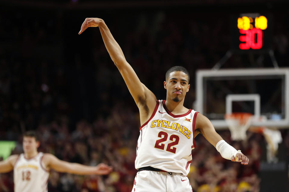 Iowa State guard Tyrese Haliburton reacts after making a 3-point basket during the first half of the team's NCAA college basketball game against Kansas State on Saturday, Feb. 8, 2020, in Ames, Iowa. (AP Photo/Matthew Putney)