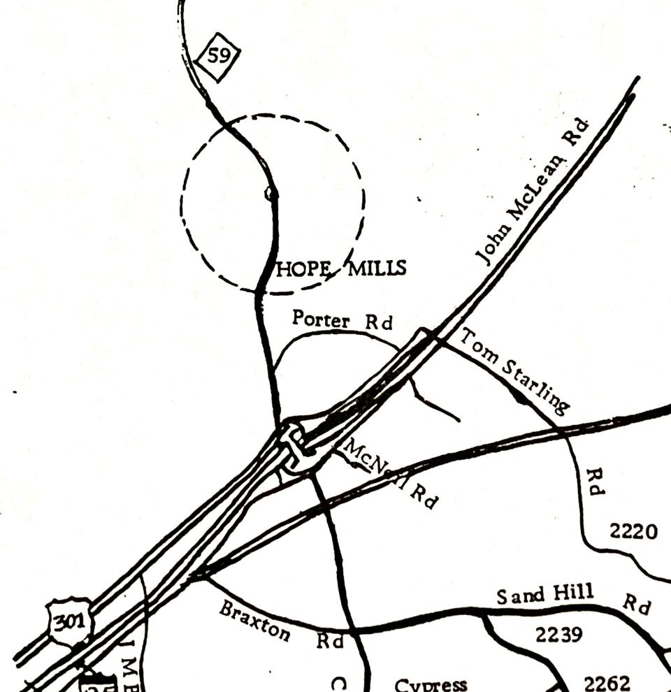 A close-up of a map, apparently from prior to 1980, that shows the Hope Mills town limit when the town was circular. Interstate 95 on this map is described as “proposed.” That portion of I-95 was completed in December 1980, according to the archives of The Fayetteville Observer.