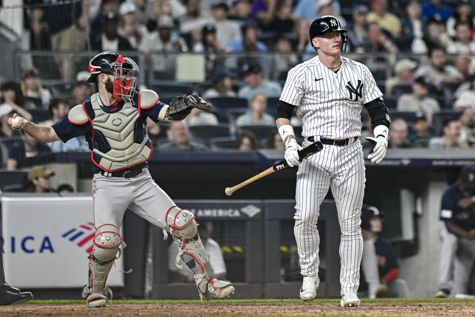 Yankees third baseman Josh Donaldson reacts after striking out against the Red Sox.