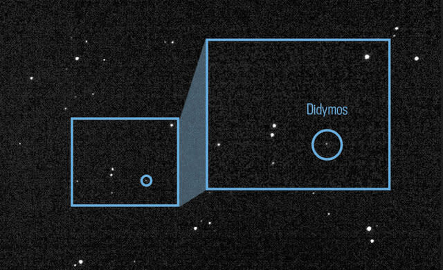 A composite of 243 separate shots of the asteroid Didymos and its moon Dimorphos